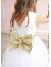 Gold Star White Tulle Flower Girl Dress